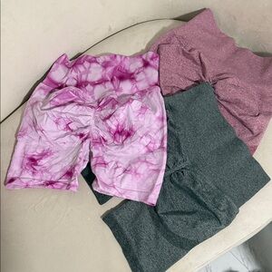 Set of Three Women's Workout Biker Shorts - Pink Tie-Dye, Heather Rose, Charcoal